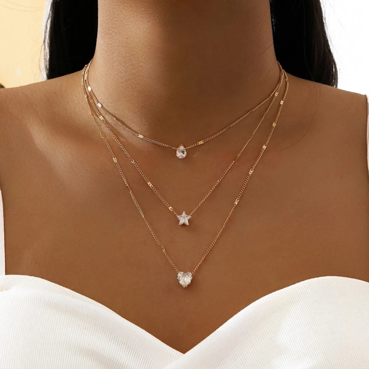 Multi-Layer Star & Heart Pendant Chain Necklace for Women – Trendy Zircon Jewelry
