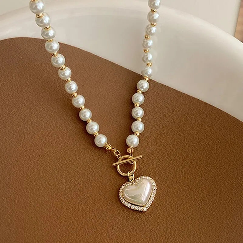 Elegant Pearl Heart Pendant Necklace for Women – Simulated Pearl Korean Jewelry