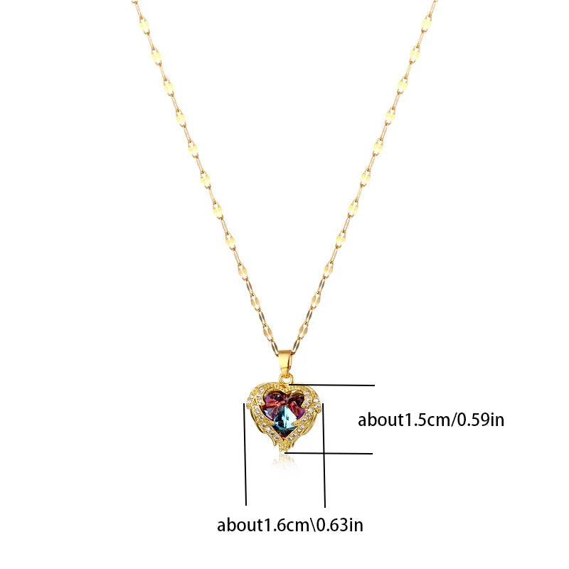 Colorful Crystal Ocean Heart Pendant Necklace for Women – Stainless Steel Jewelry