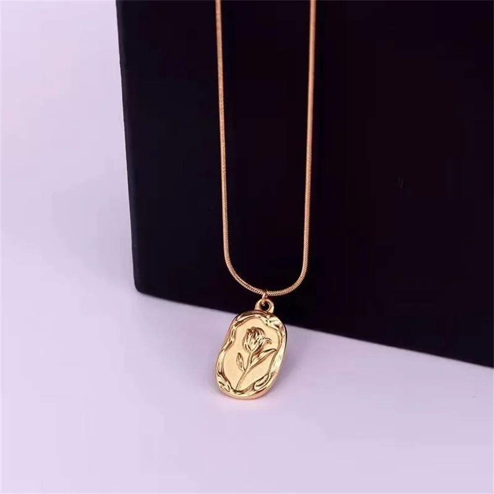Vintage Rose Pendant Necklace for Women – Gold Plated Snake Chain Choker