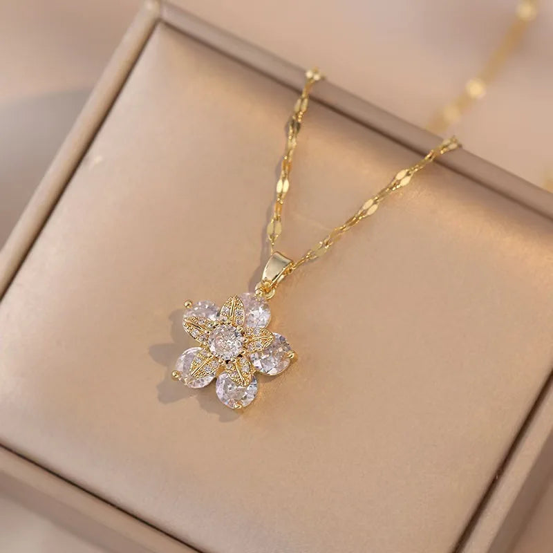 Gold Color Zircon Flower Pendant Necklace for Women – Stainless Steel Chain