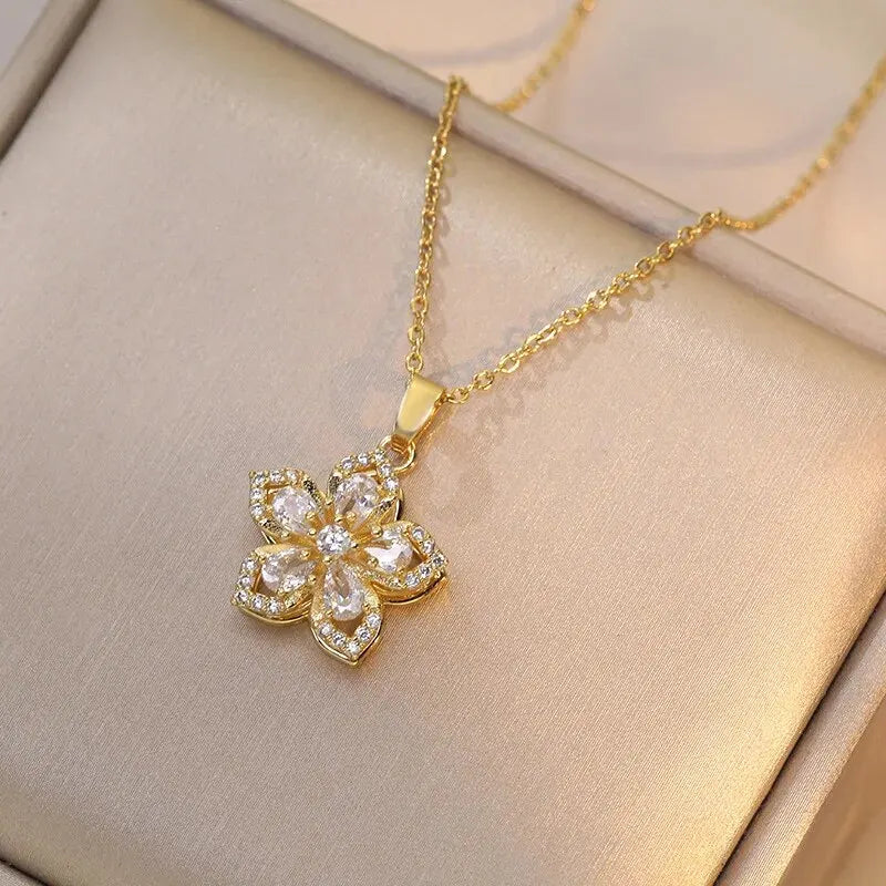 Gold Color Zircon Flower Pendant Necklace for Women – Stainless Steel Chain