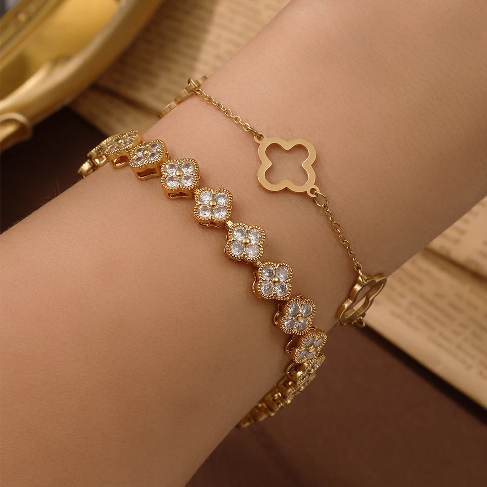Four-Leaf Clover Zircon Flower Bracelet for Women – Stainless Steel Chain