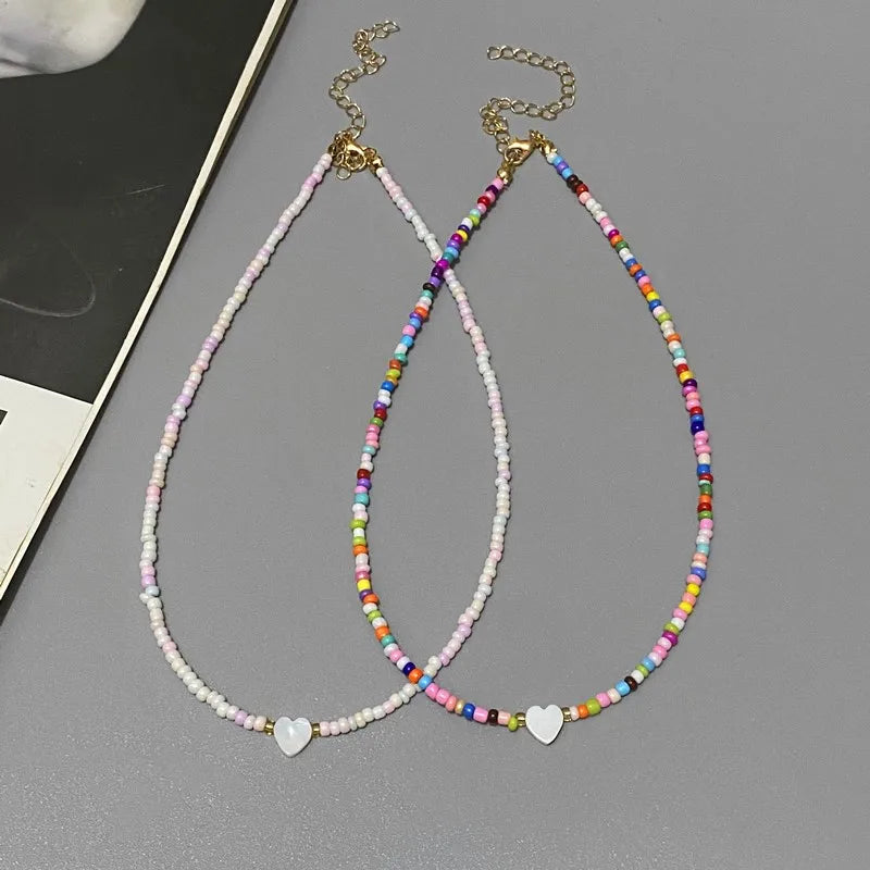 Colorful Glass Bead Heart Choker Necklace for Girls – Shell Pendant Trendy Jewelry