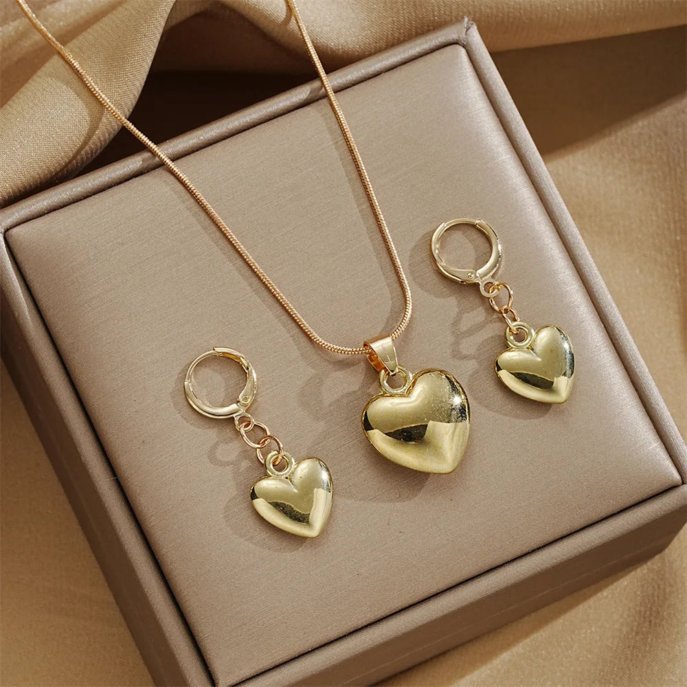 Gold Plated Heart Jewelry Set – Necklace & Dangle Earrings for Women