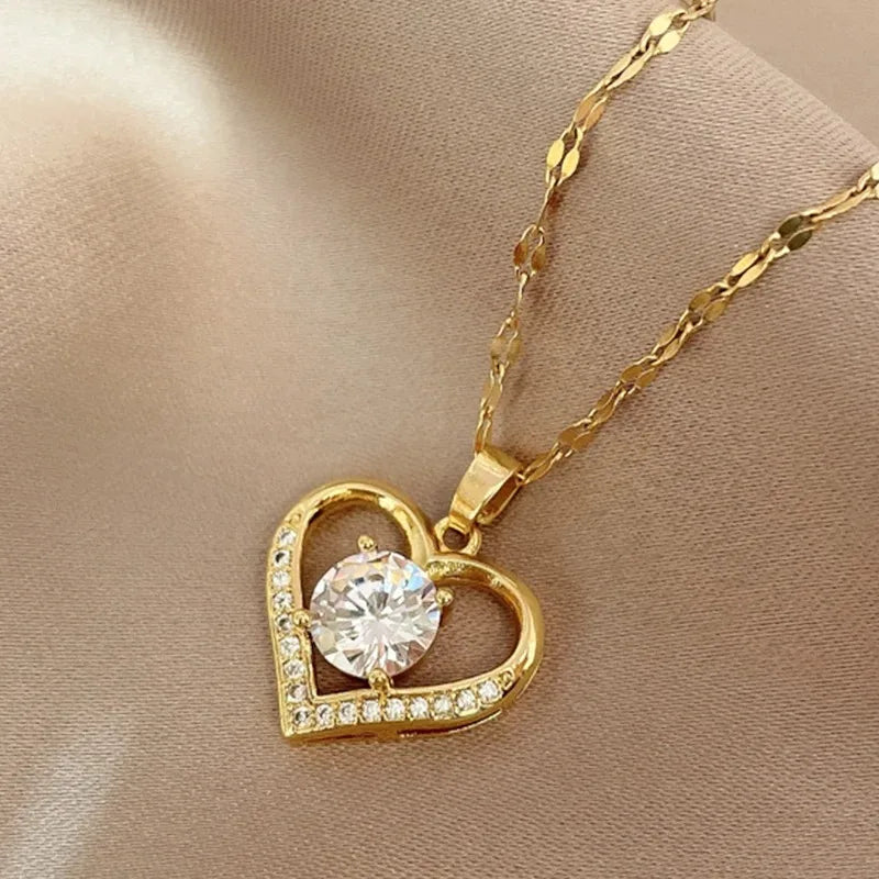 Heart Pendant Necklace for Women – Gold Chain with Zircon Gems, Classic Jewelry