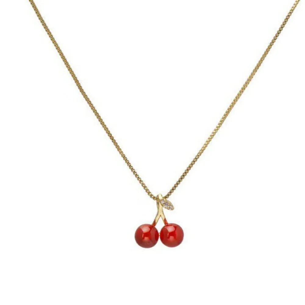 Red Cherry Pendant Necklace for Women – Gold Zinc Alloy Snake Chain Jewelry