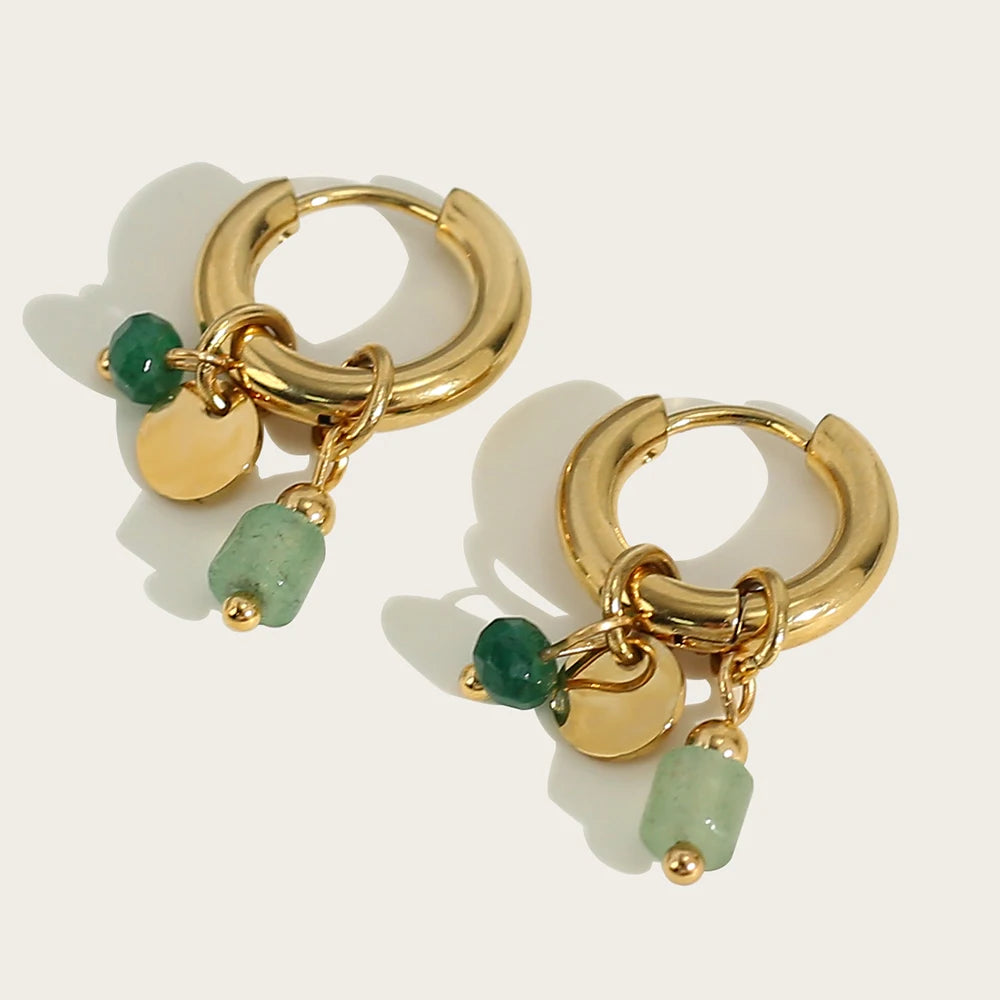 18K Gold Plated Stainless Steel Hoop Earrings – Green Stone Charm Jewelry for Women