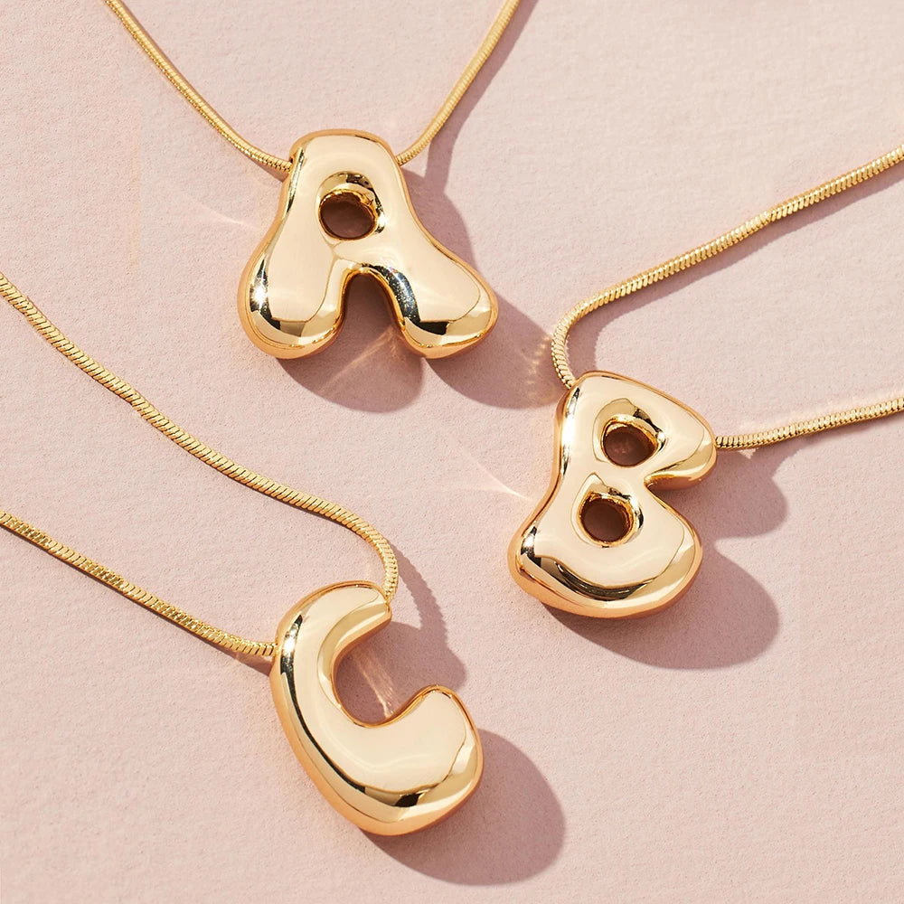 Gold Color Stainless Steel Initial Necklace for Women – Bubble Letter Pendant