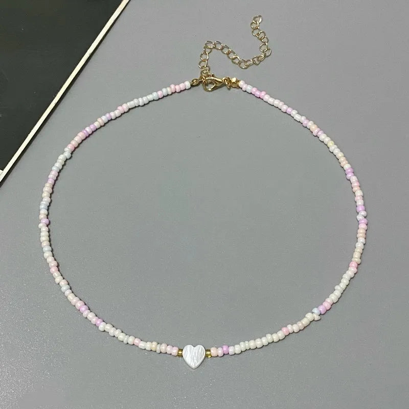 Colorful Glass Bead Heart Choker Necklace for Girls – Shell Pendant Trendy Jewelry