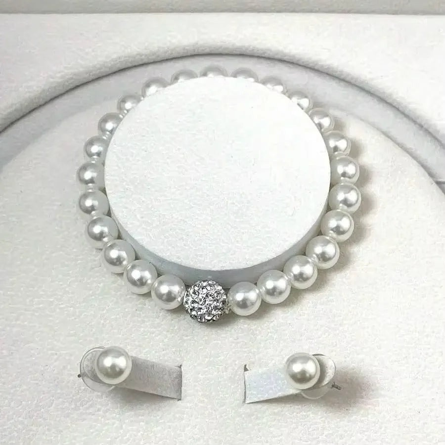 3-Piece Imitation Pearl Jewelry Set – Necklace, Bracelet & Earrings with Crystal Accents