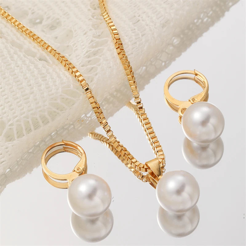 Imitation Pearl Jewelry Set for Women – Gold Necklace & Earrings Bridal Party Accessories