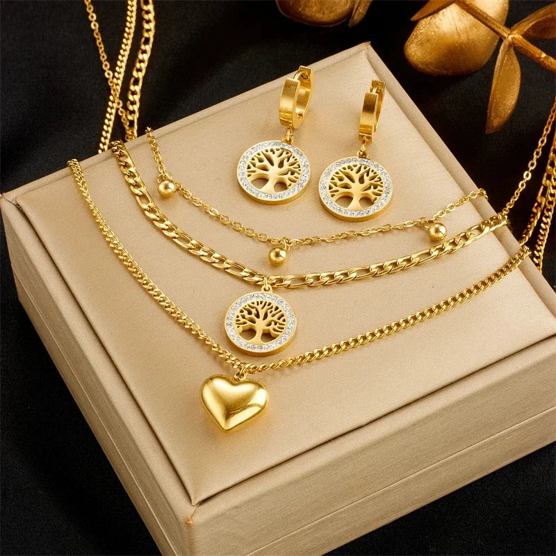 Gold Plated Heart Tree Jewelry Set – Necklace, Earrings & Bracelet with Crystal Accents