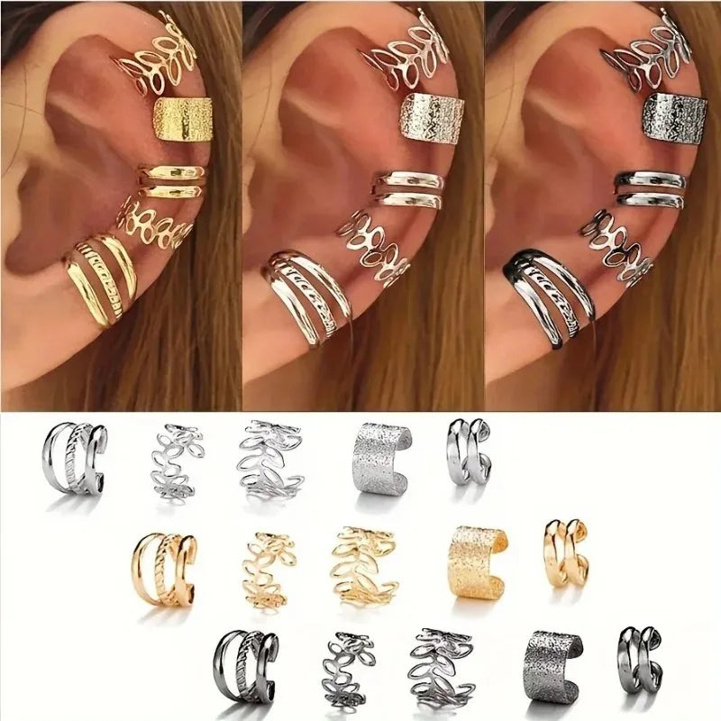 5/15 Pcs Hollow Leaf Clip-On Earrings Set for Women – Punk Zinc Alloy Jewelry