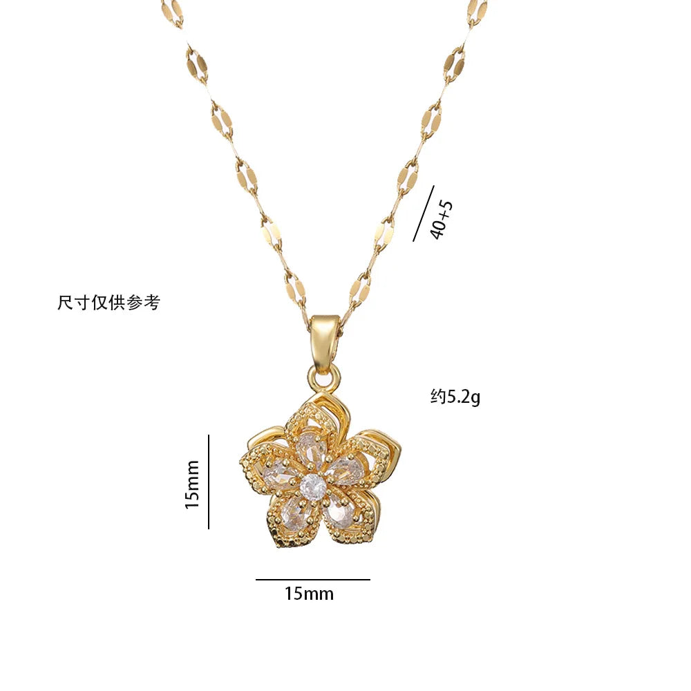 Gold Color Zircon Flower Pendant Necklace for Women – Stainless Steel Chain