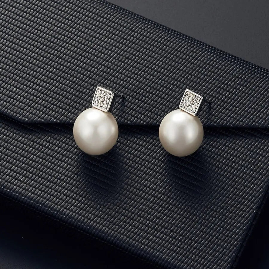 Imitation Pearl Pendant Jewelry Set – Silver Necklace & Stud Earrings for Women
