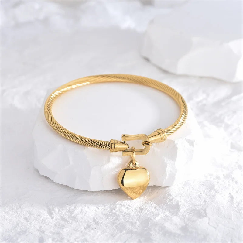 18K Gold Color Stainless Steel Heart Pendant Bangle Bracelet for Women