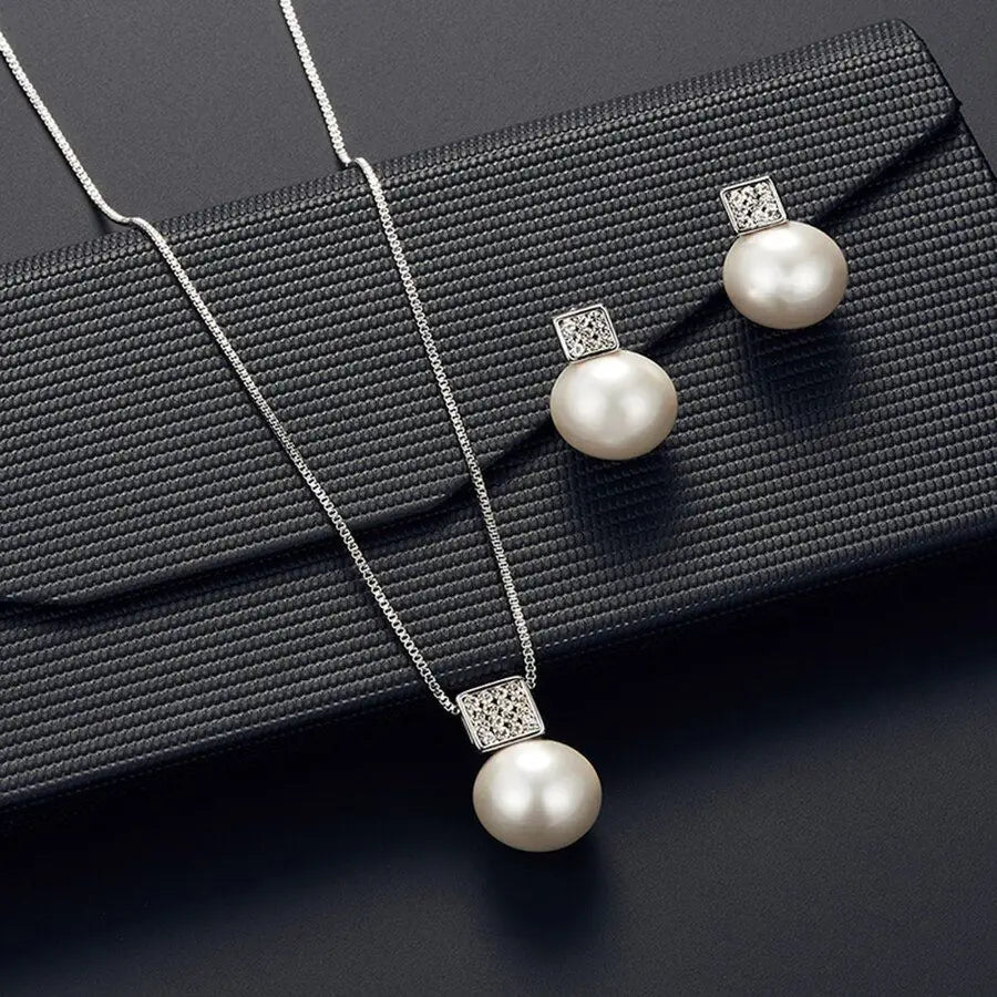 Imitation Pearl Pendant Jewelry Set – Silver Necklace & Stud Earrings for Women