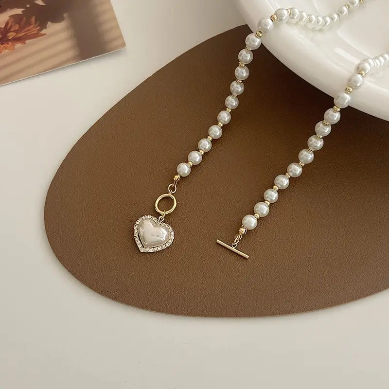 Elegant Pearl Heart Pendant Necklace for Women – Simulated Pearl Korean Jewelry