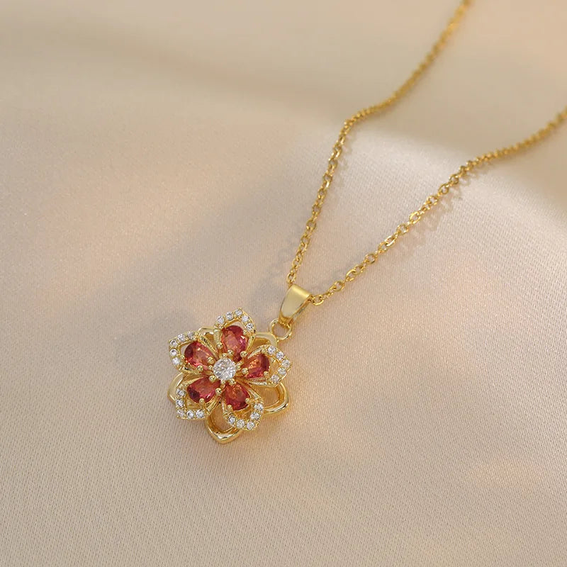Gold Color Zircon Flower Pendant Necklace for Women – Stainless Steel Chain