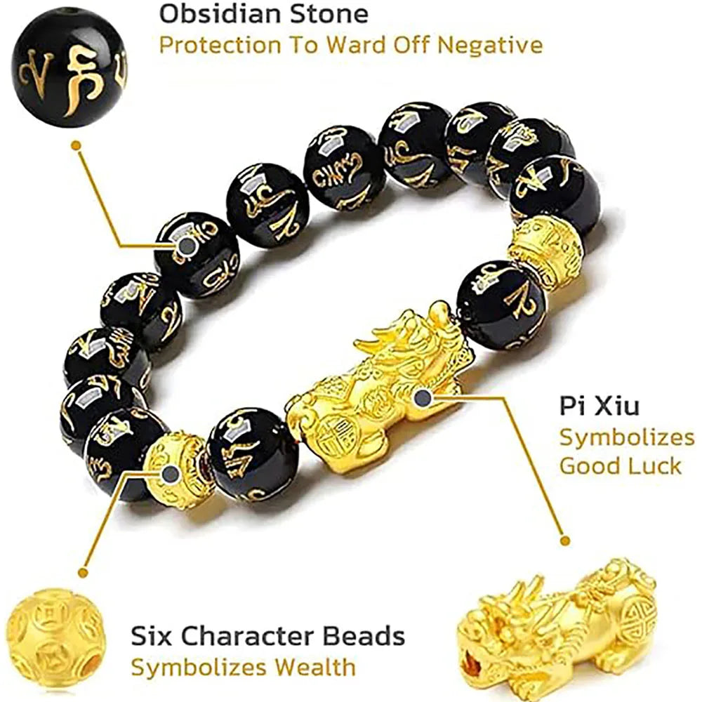 Black Obsidian Pixiu Beaded Bracelet – Feng Shui Inspired Stone Jewelry