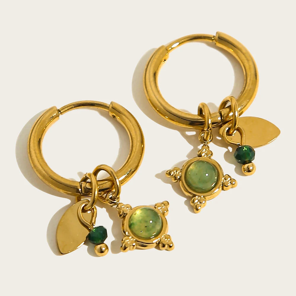 18K Gold Plated Stainless Steel Hoop Earrings – Green Stone Charm Jewelry for Women