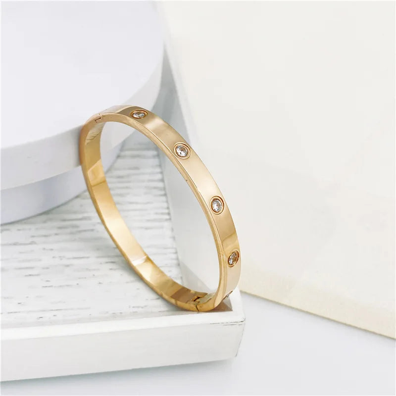 Gold Zircon Cross Nail Bangle Bracelet for Women – Stainless Steel