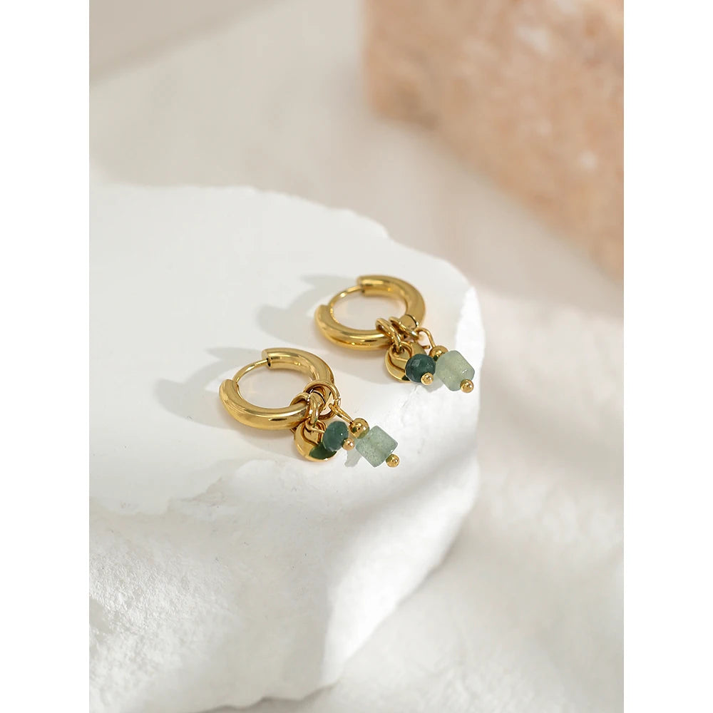 18K Gold Plated Stainless Steel Hoop Earrings – Green Stone Charm Jewelry for Women