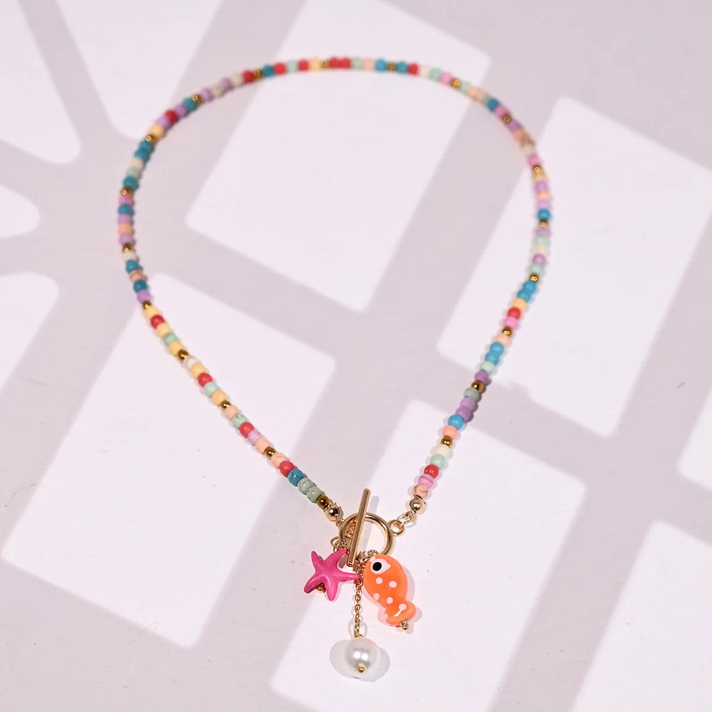 Bohemian Ceramic Fish & Starfish Pendant Necklace – Rainbow Bead Beach Jewelry
