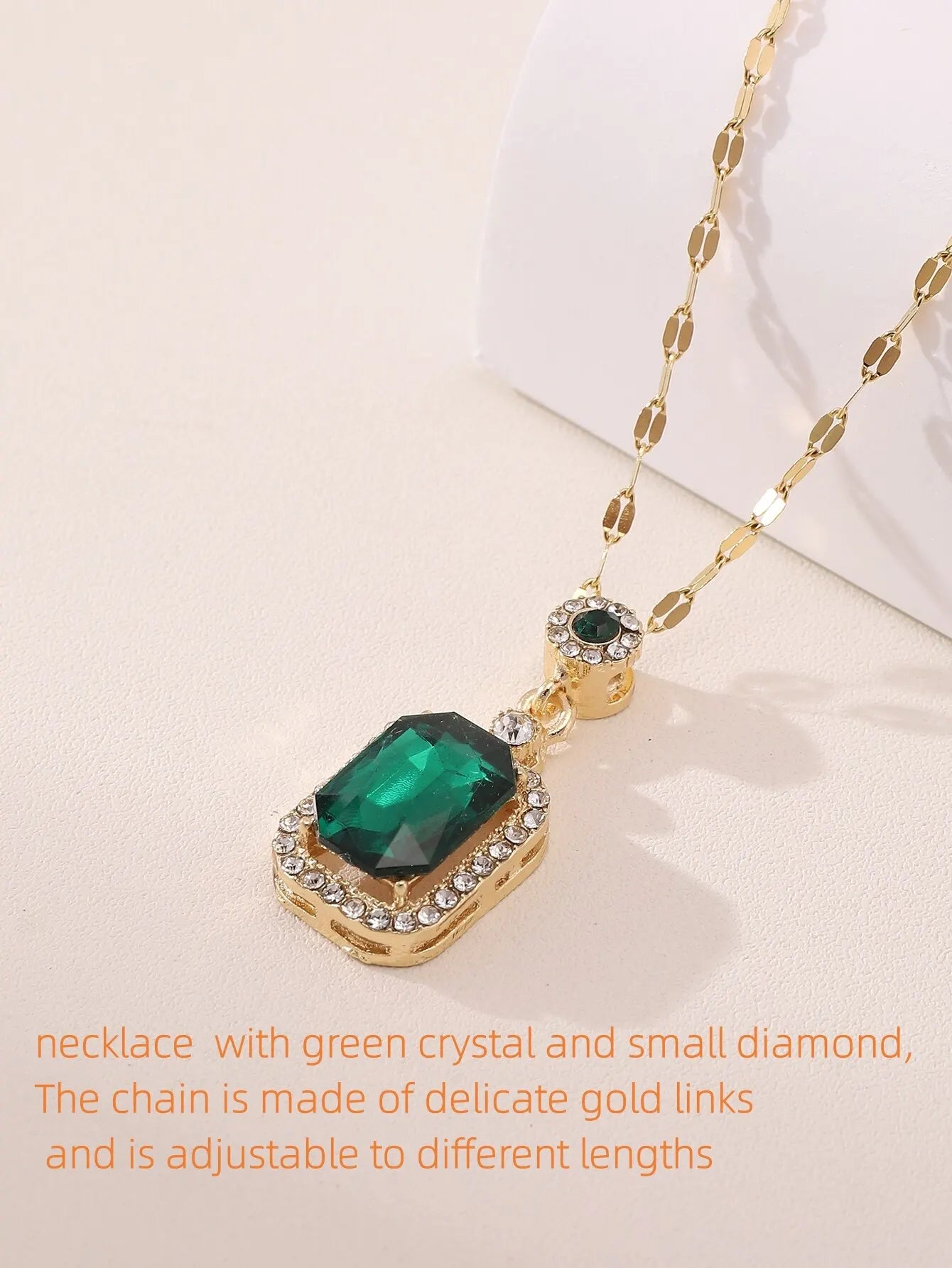 Emerald Crystal Pendant Jewelry Set – Gold Necklace, Earrings & Ring for Women