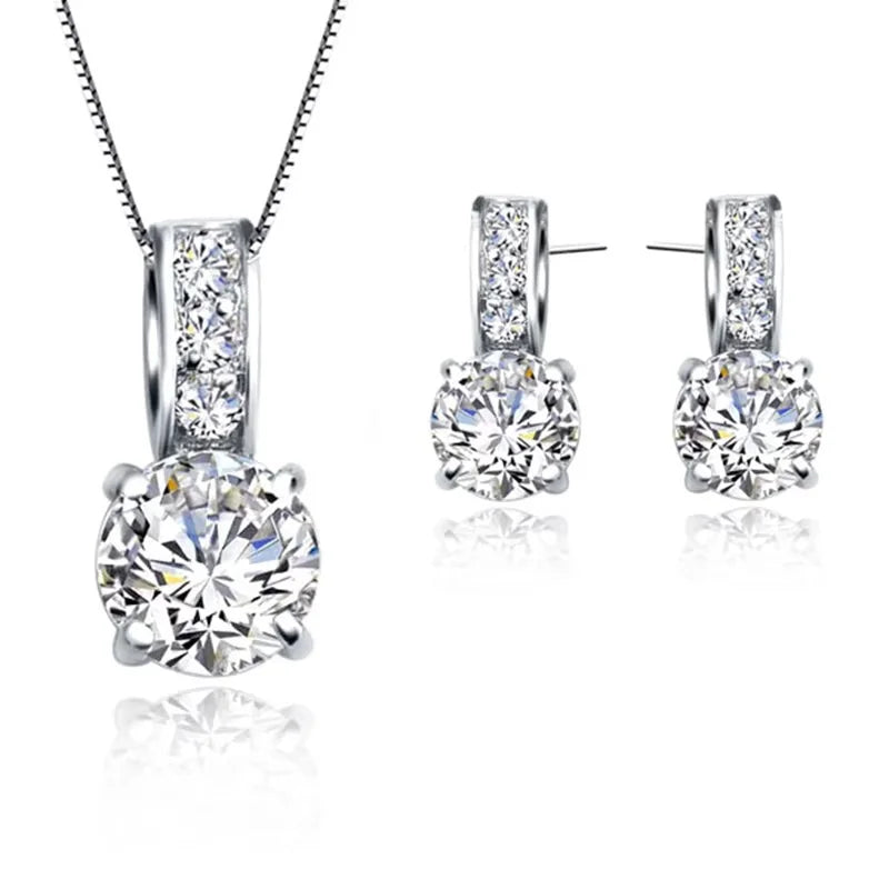 925 Sterling Silver Color Bridal Jewelry Set – Cubic Zircon Necklace & Stud Earrings