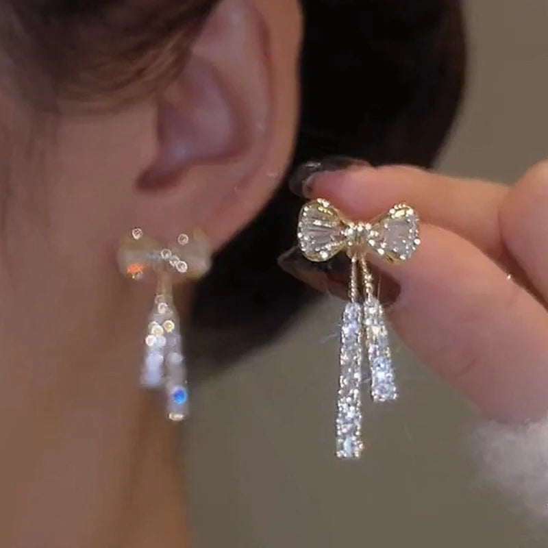 Gold Bow Stud Earrings for Women – Rhinestone Dainty Fashion Jewelry