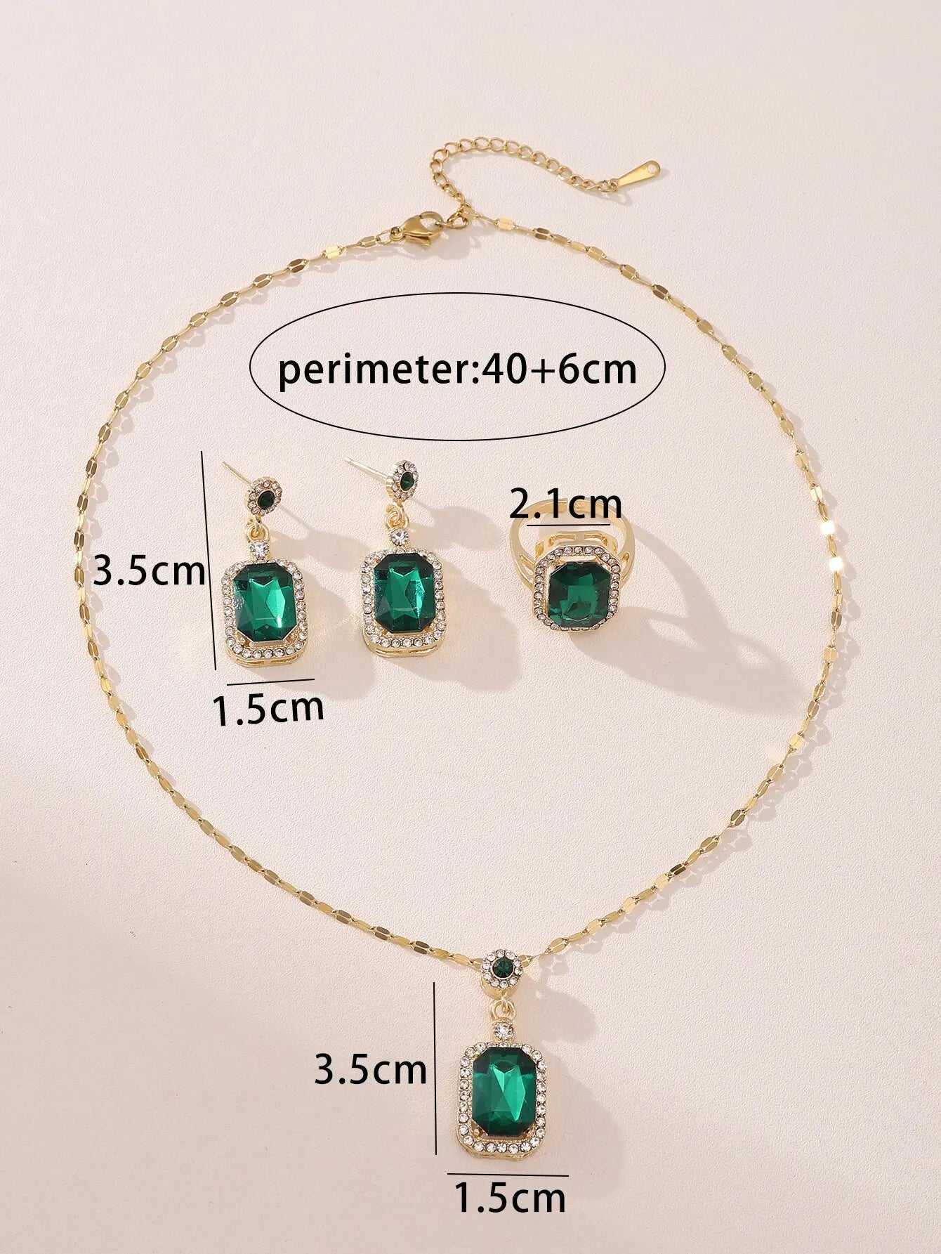Emerald Crystal Pendant Jewelry Set – Gold Necklace, Earrings & Ring for Women