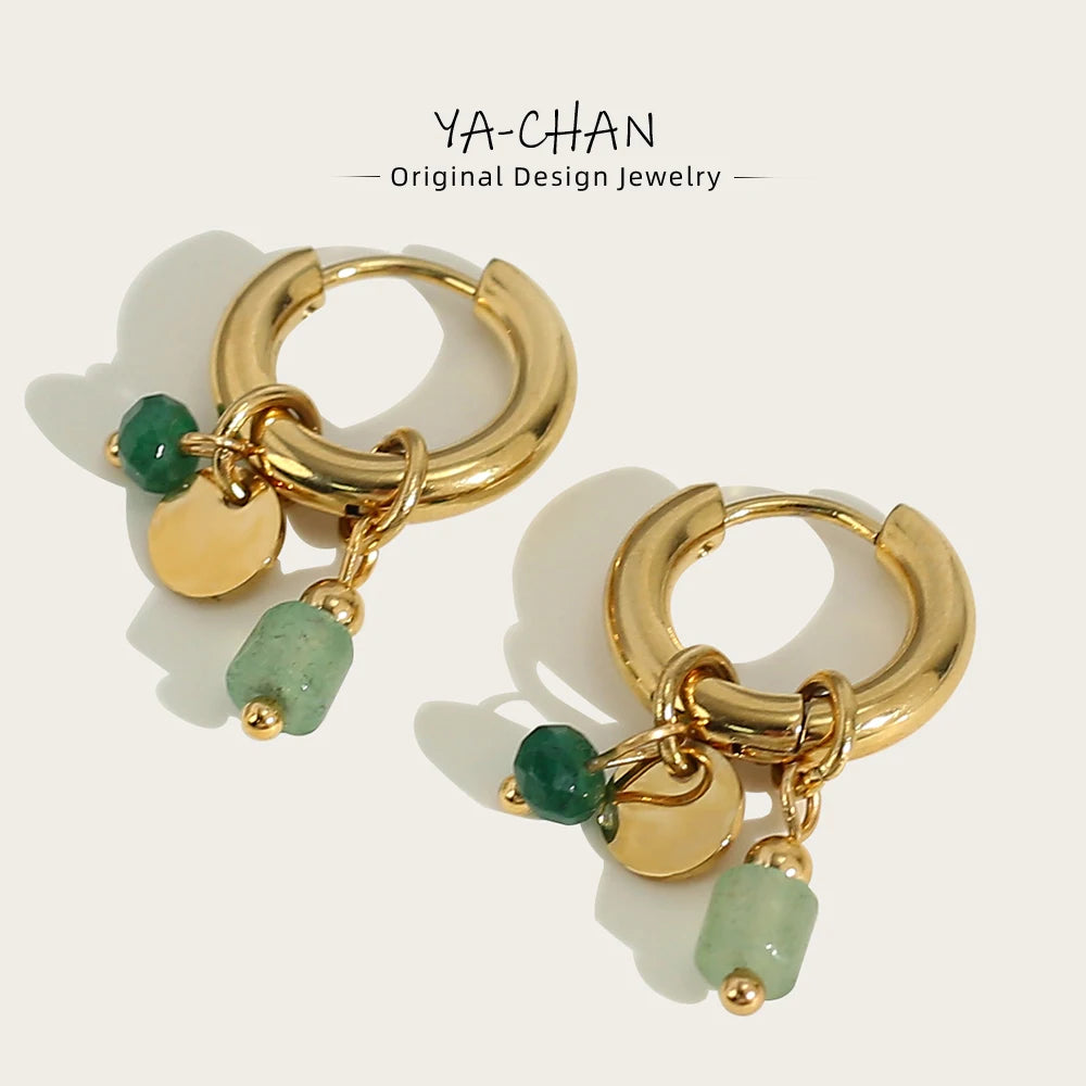 18K Gold Plated Stainless Steel Hoop Earrings – Green Stone Charm Jewelry for Women