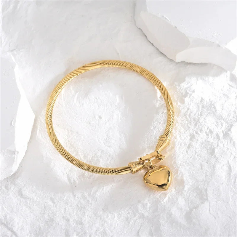 18K Gold Color Stainless Steel Heart Pendant Bangle Bracelet for Men & Women