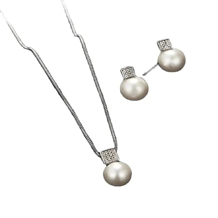 Imitation Pearl Pendant Jewelry Set – Silver Necklace & Stud Earrings for Women