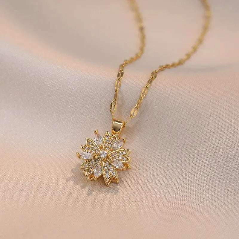 Gold Color Zircon Flower Pendant Necklace for Women – Stainless Steel Chain