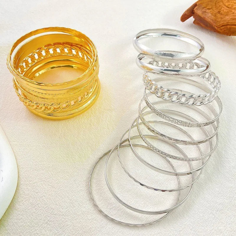 10-Piece Bohemian Retro Gold & Silver Wide-Face Bracelet Set for Women