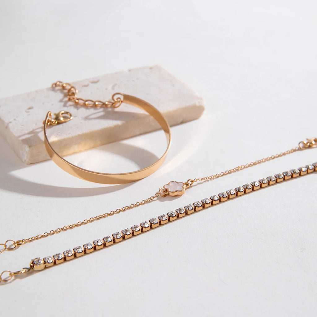 3Pcs Bohemian Rhinestone Chain Bracelet Set for Women – Gold Color Bangles
