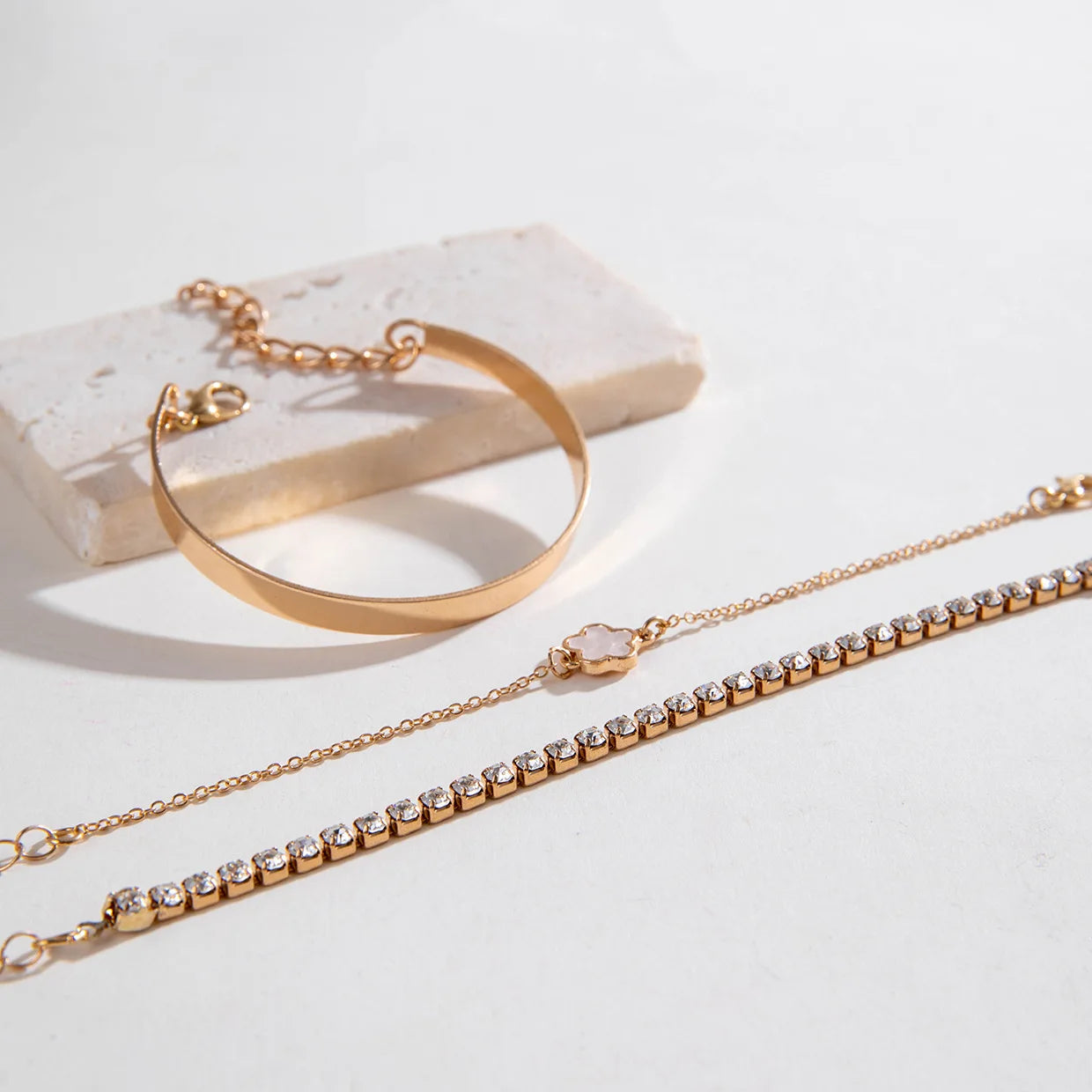 3Pcs Bohemian Rhinestone Chain Bracelet Set for Women – Gold Color Bangles