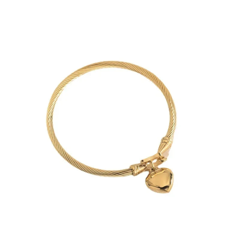18K Gold Color Stainless Steel Heart Pendant Bangle Bracelet for Men & Women