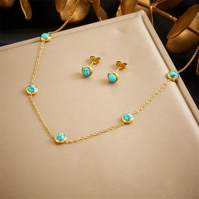 316L Stainless Steel Tree of Life Jewelry Set – Turquoise Necklace & Earrings for Women