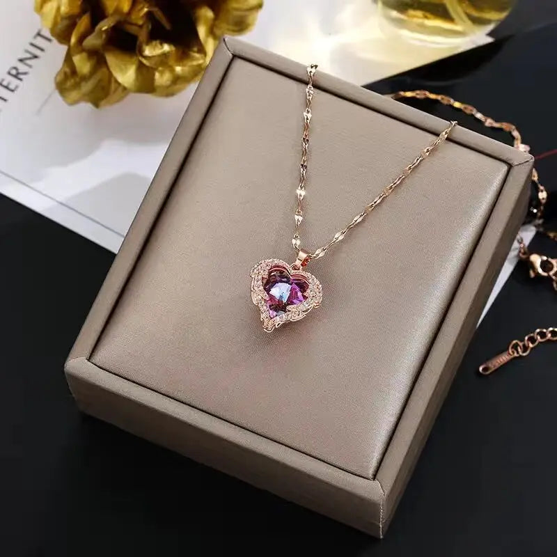Colorful Crystal Ocean Heart Pendant Necklace for Women – Stainless Steel Jewelry