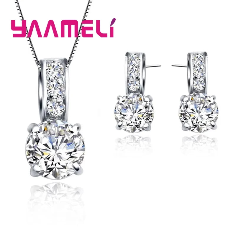 925 Sterling Silver Color Bridal Jewelry Set – Cubic Zircon Necklace & Stud Earrings