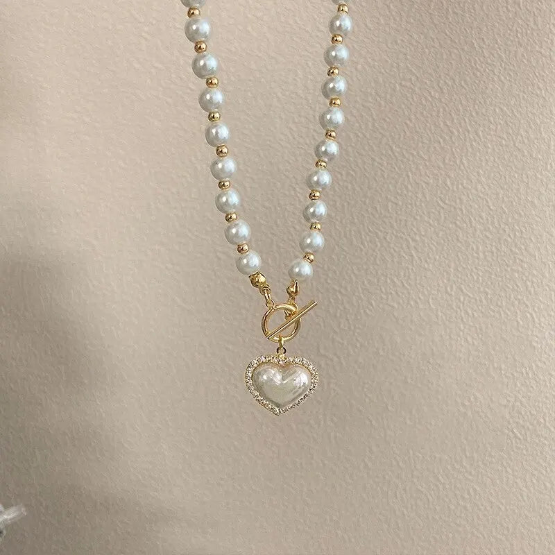 Elegant Pearl Heart Pendant Necklace for Women – Simulated Pearl Korean Jewelry