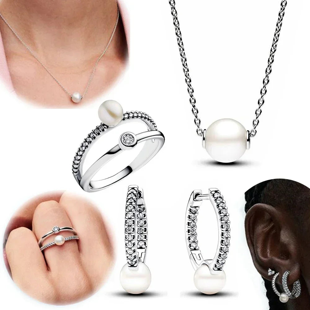 925 Sterling Silver Freshwater Pearl Jewelry Set – Necklace, Earrings & Ring for Women