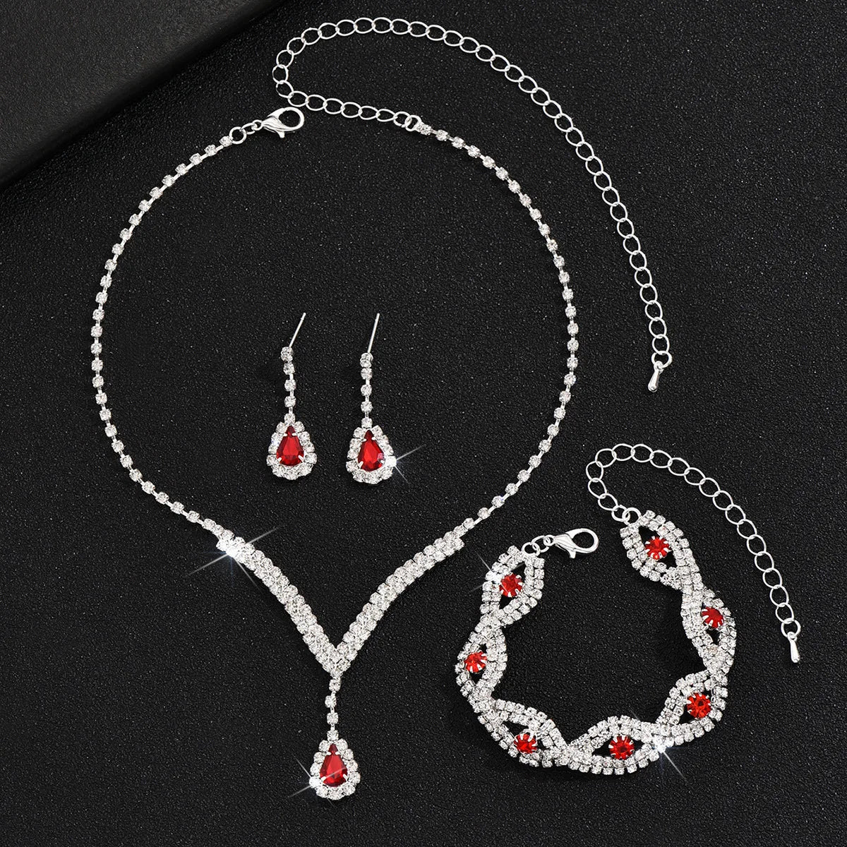 Black Water Drop Rhinestone Jewelry Set – V Necklace & Earrings for Women