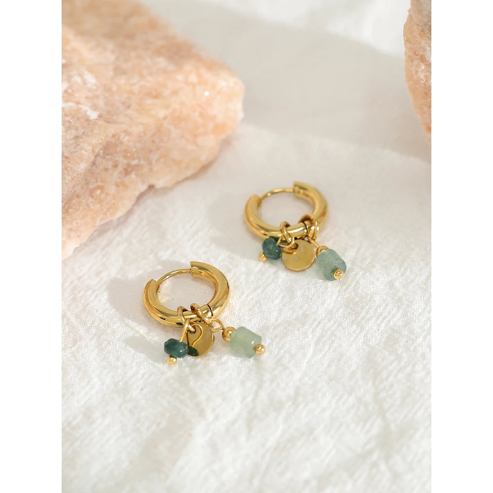 18K Gold Plated Stainless Steel Hoop Earrings – Green Stone Charm Jewelry for Women
