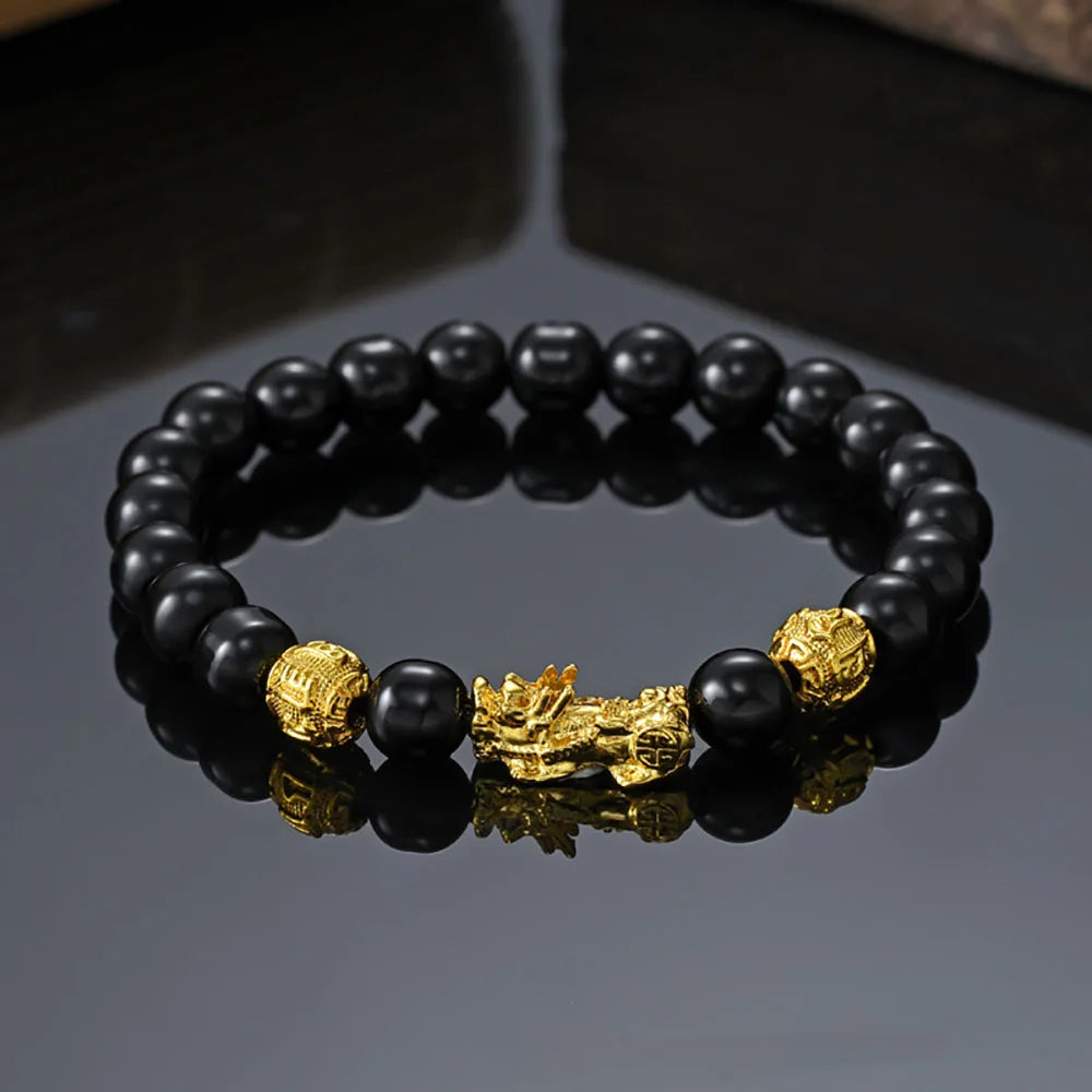 Black Obsidian Pixiu Beaded Bracelet – Feng Shui Inspired Stone Jewelry