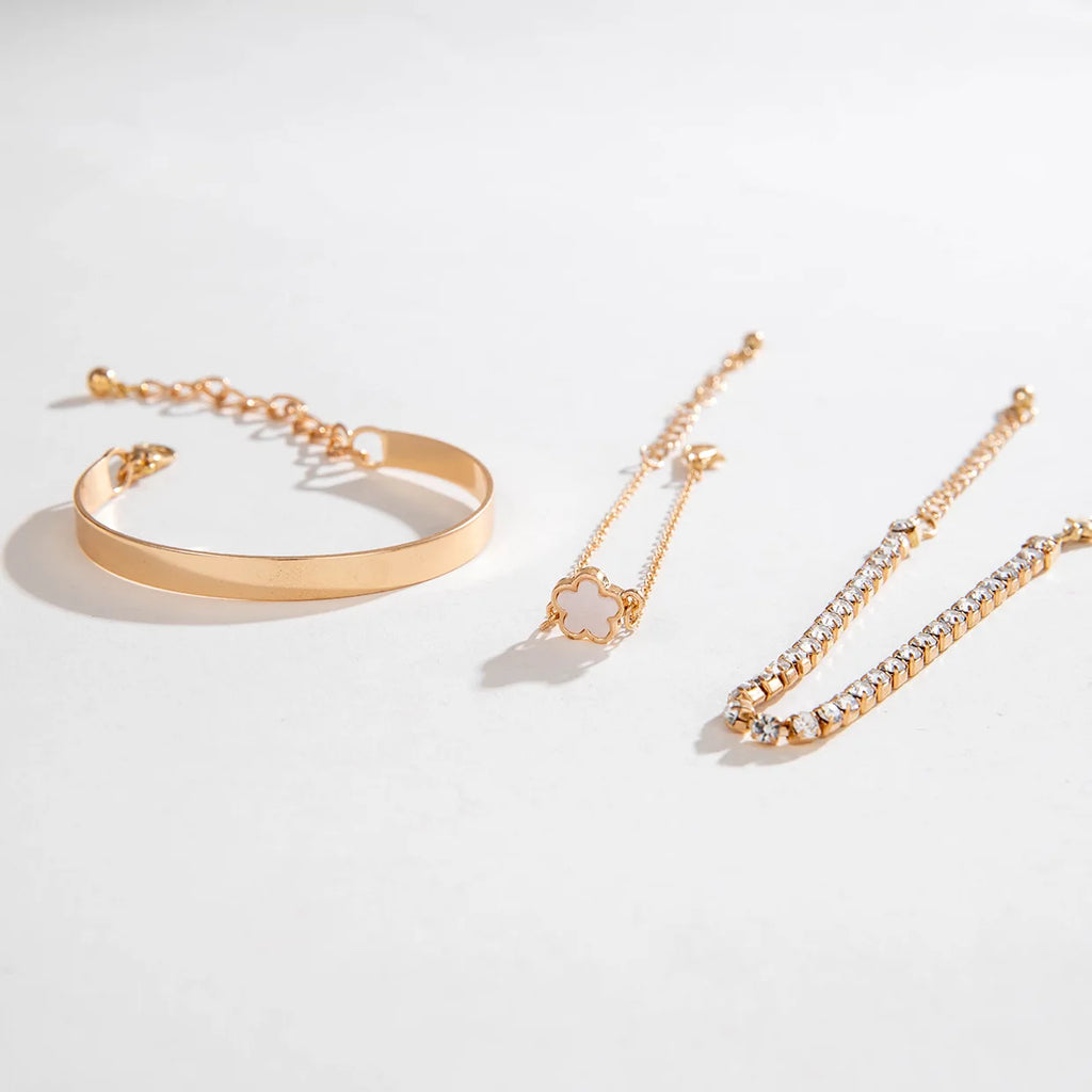 3Pcs Bohemian Rhinestone Chain Bracelet Set for Women – Gold Color Bangles